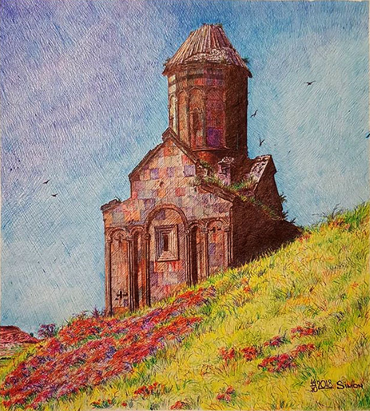 Alte Kirche in Armenien. Zeichnung, farbige Kugelschreiber