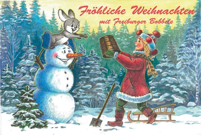 Postkarte, Fröhliche Weihnachten mit Freiburger Bobbele IV, Aquarelle und Farbstiften