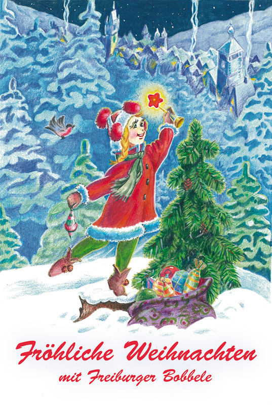 Postkarte, Fröhliche Weihnachten mit Freiburger Bobbele III, Aquarelle und Farbstiften