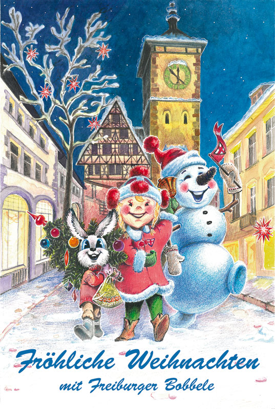 Postkarte, Fröhliche Weihnachten mit Freiburger Bobbele II, Aquarelle und Farbstiften