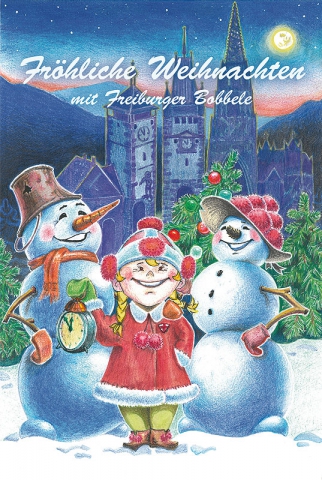 Postkarte, Fröhliche Weihnachten mit Freiburger Bobbele I, Aquarelle und Farbstiften