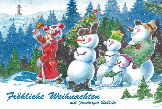 Postkarte, Fröhliche Weihnachten mit Freiburger Bobbele V, Aquarelle und Farbstiften